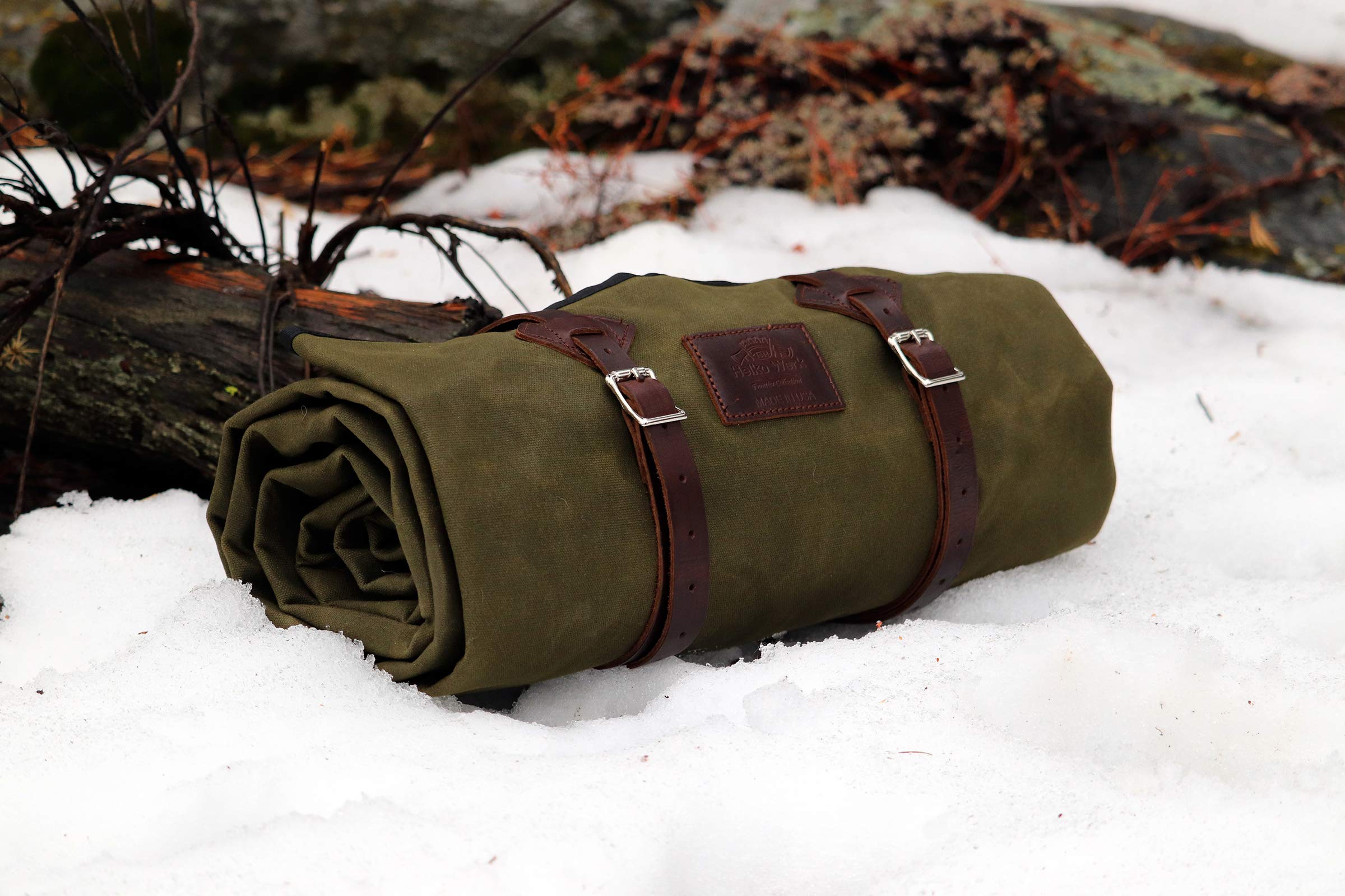 1844 Helko Werk bedroll waxed canvas close-up showing durability and water repellence.