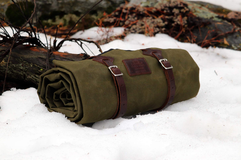 1844 Helko Werk bedroll waxed canvas close-up showing durability and water repellence.