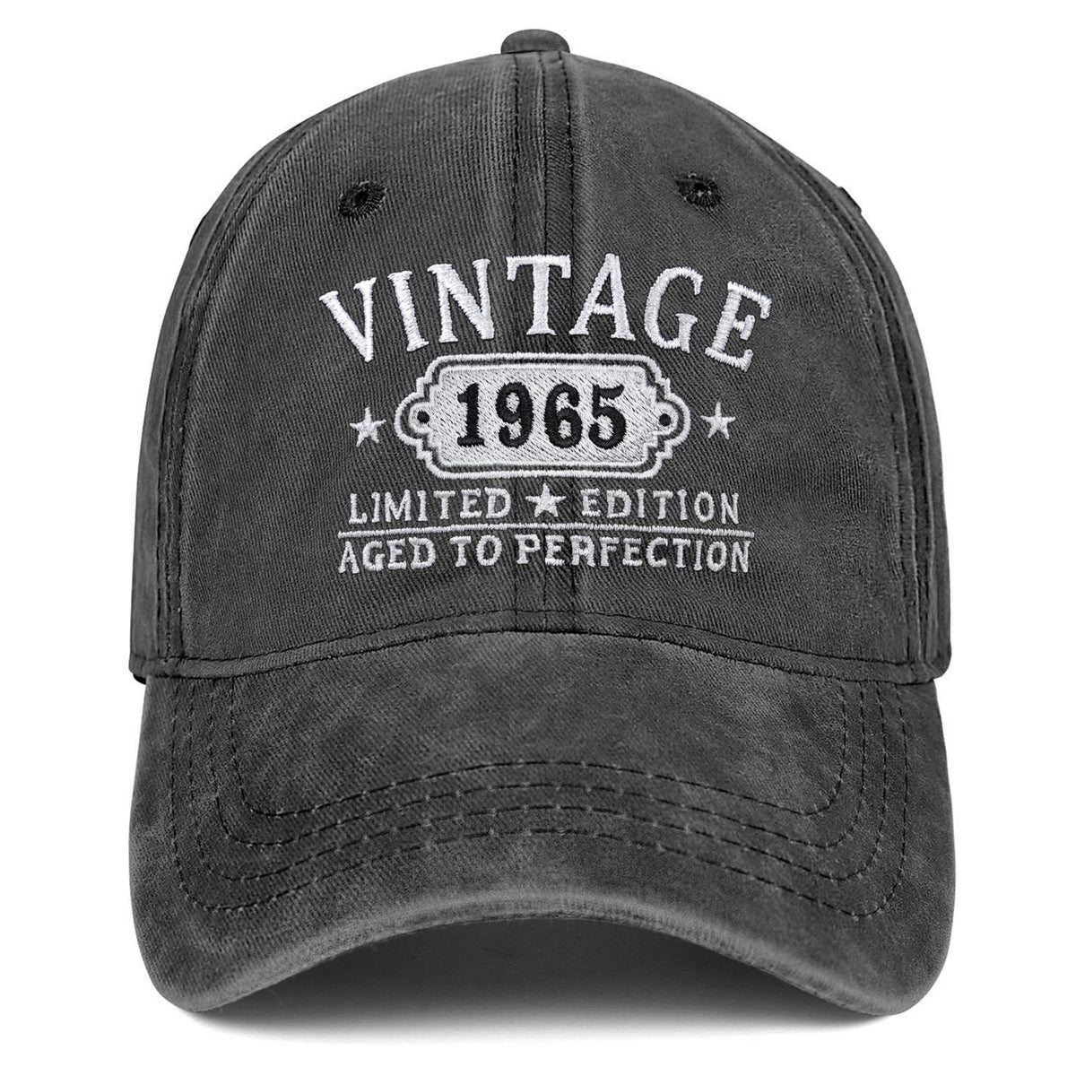 Front view of embroidered black 1965 hat for 60th birthday