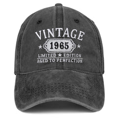 Front view of embroidered black 1965 hat for 60th birthday