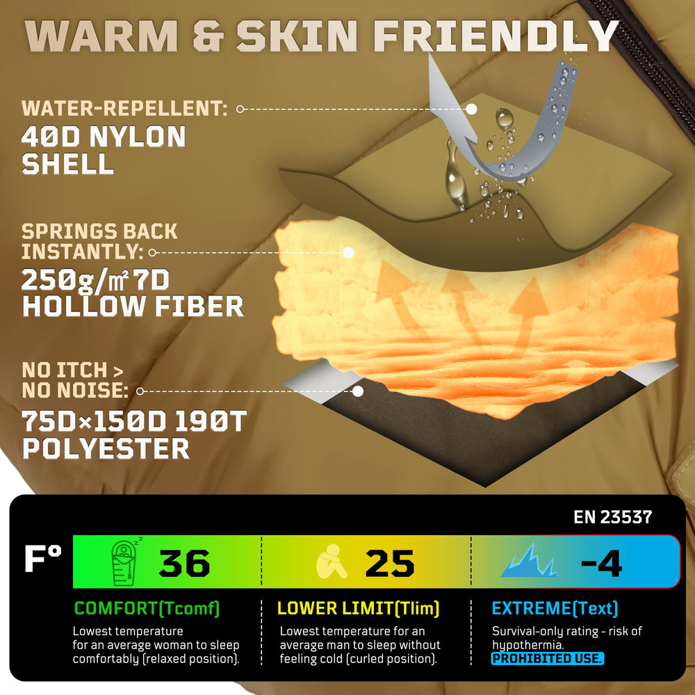 1TG Tactical sleeping bag 3D foot box adds space and fleece warmth.