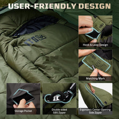 1TG Tactical sleeping bag's 3D foot box adds space and comfort.