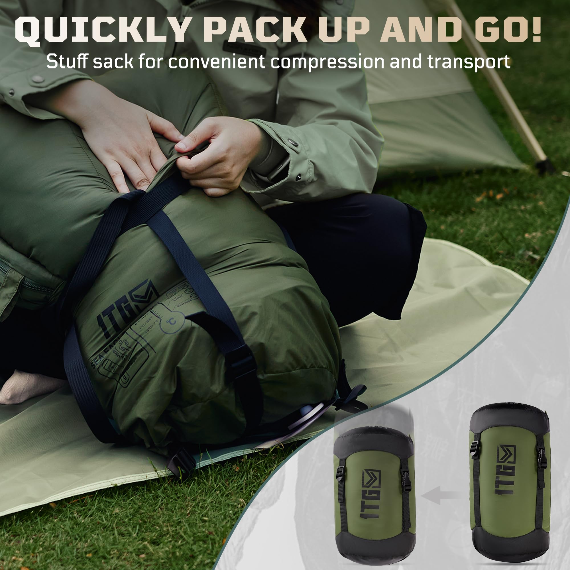 1TG Tactical sleeping bag compact design fits bug-out bags and backpacks.