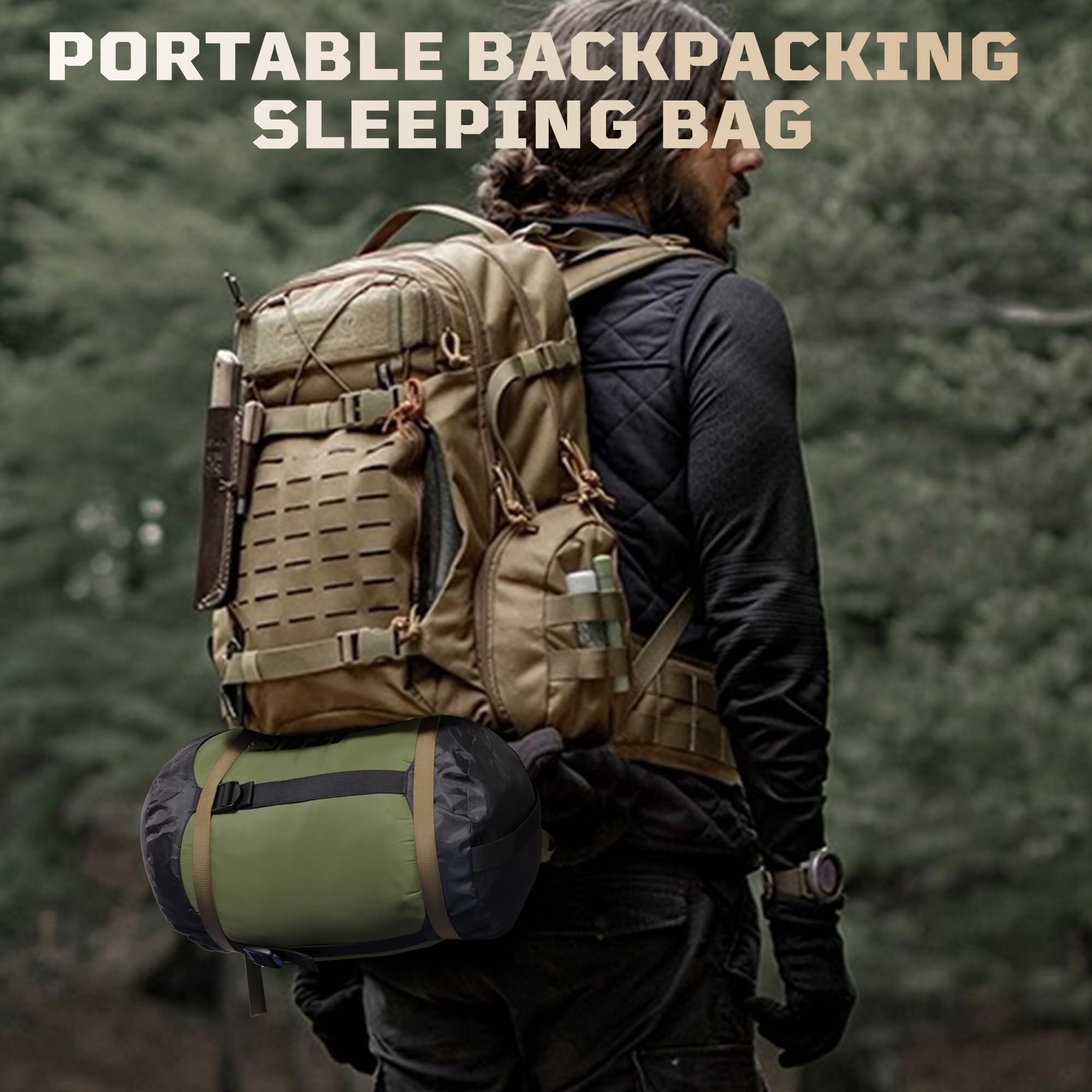1TG Tactical sleeping bag compression sack dramatically reduces pack size.