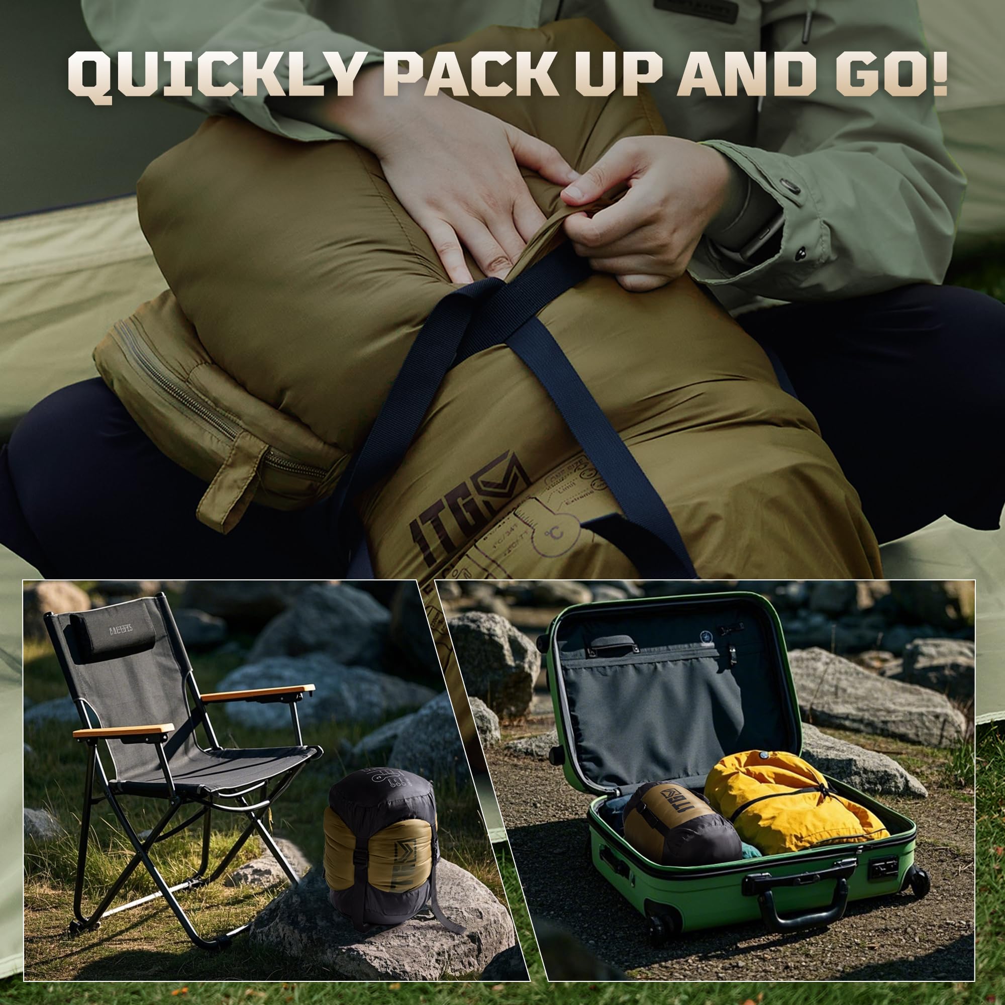 1TG Tactical sleeping bag compression sack dramatically reduces packed size.