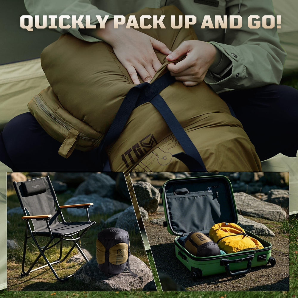 1TG Tactical sleeping bag compression sack dramatically reduces packed size.