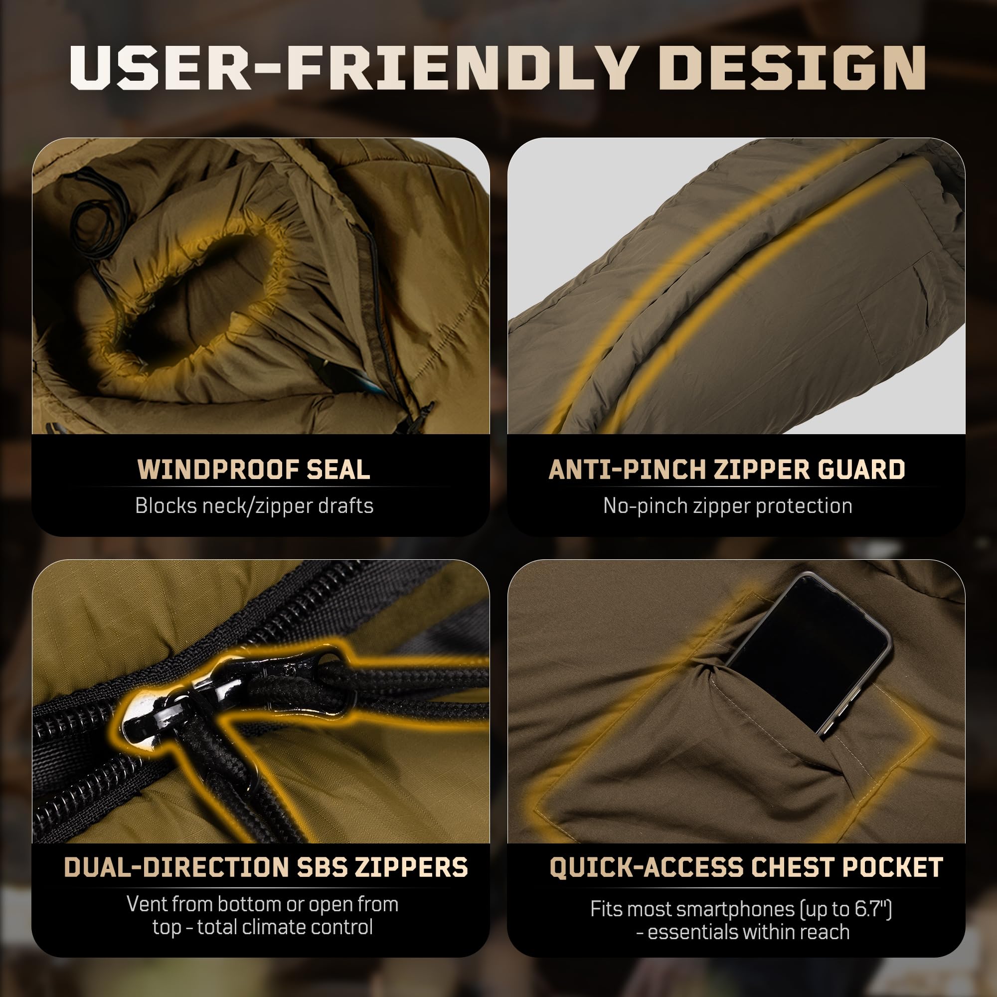 1TG Tactical sleeping bag diagonal zipper enables easy arm access during activities.