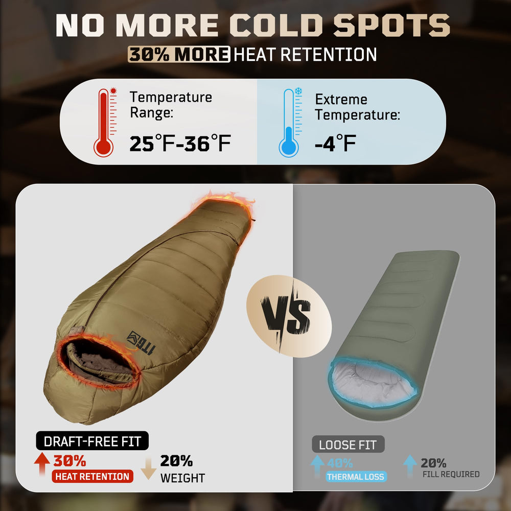 1TG Tactical sleeping bag with hood adjustable for reliable warmth and snug fit.