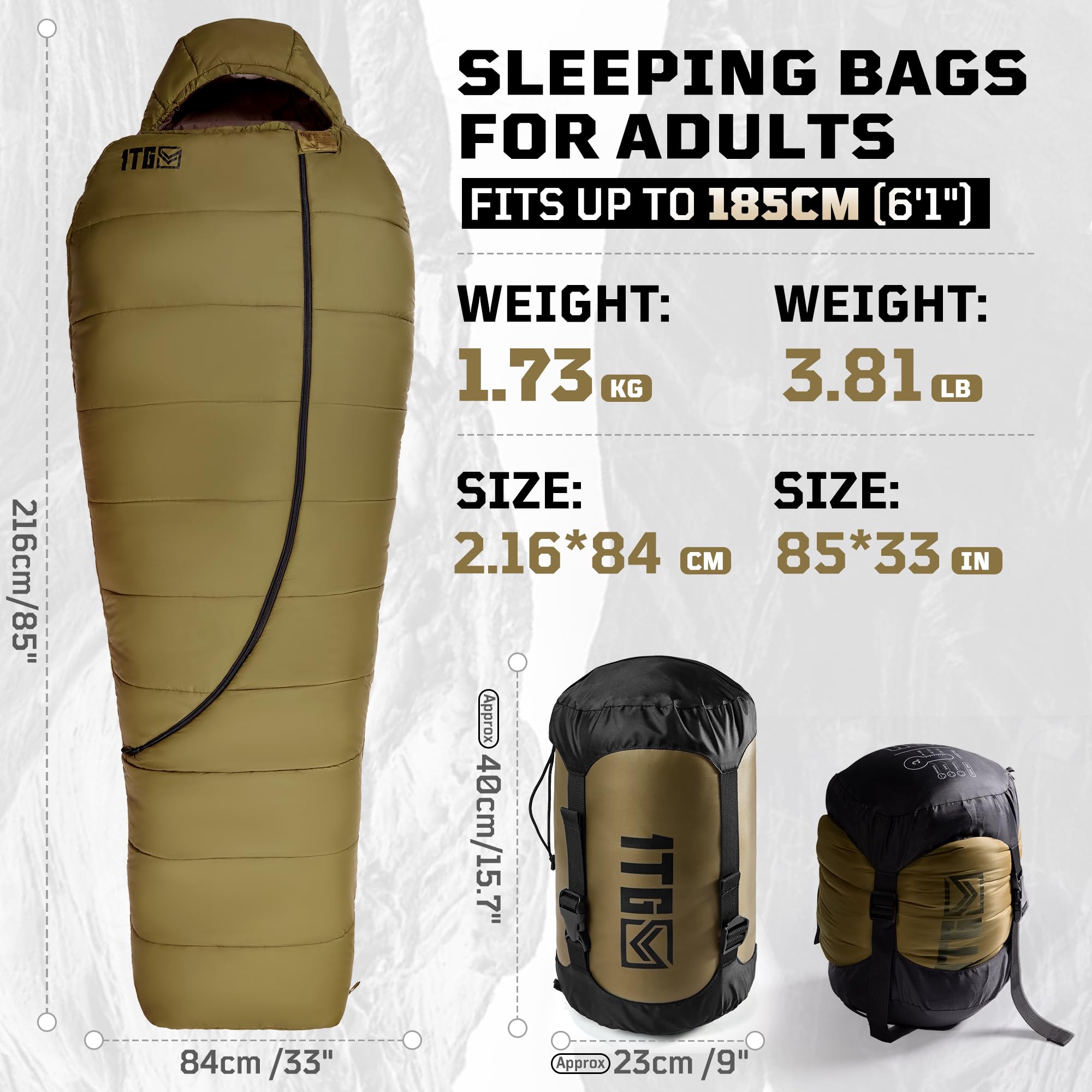 1TG Tactical sleeping bag water-repellent shell shrugs off snow and splashes.