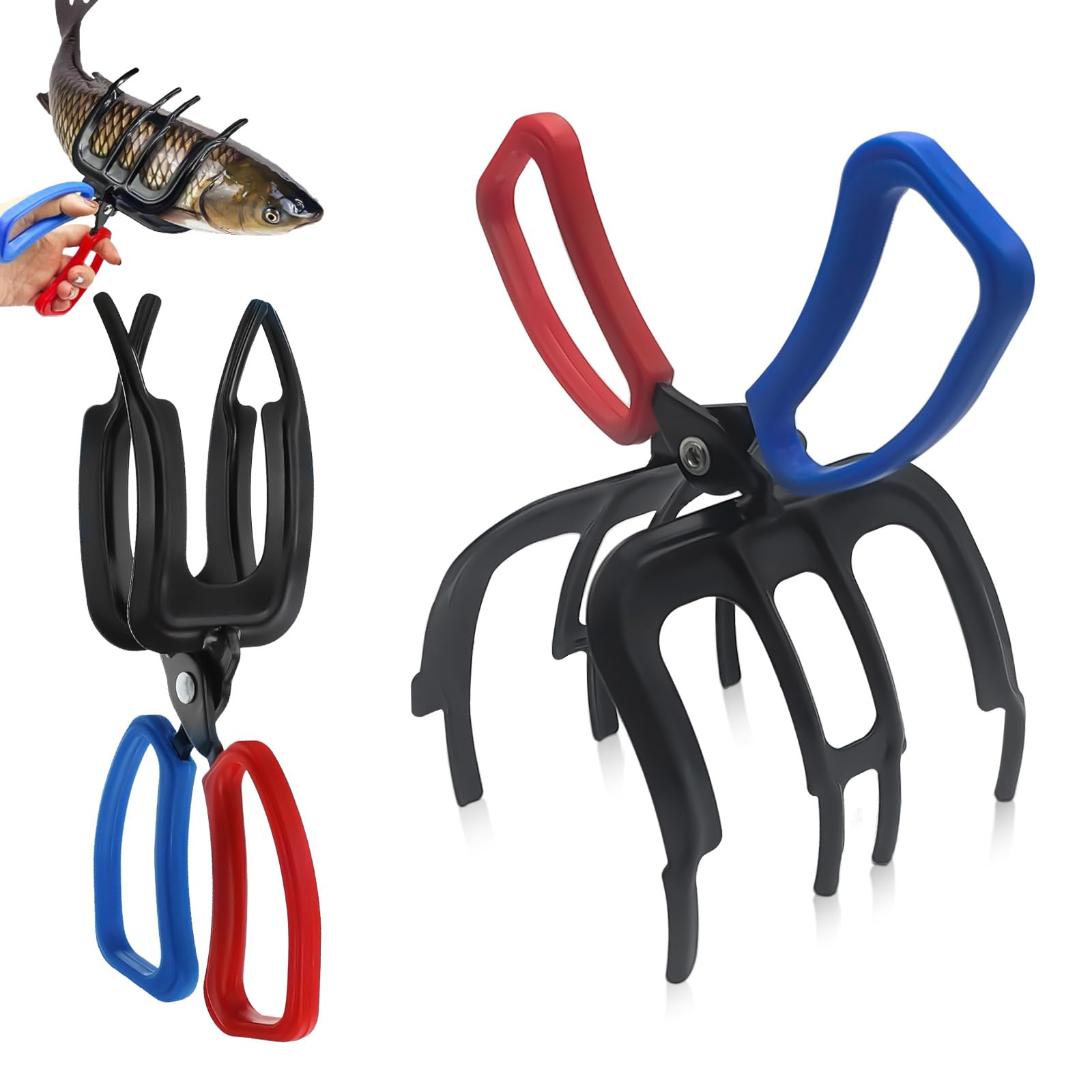 2-pack 3-claw and 2-claw fish grippers set with ergonomic blue and red handles
