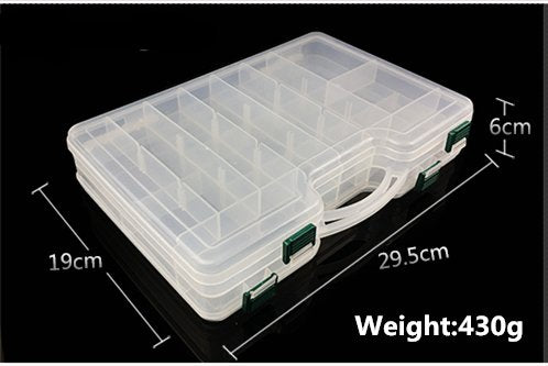 Open double-sided tackle box showing adjustable dividers