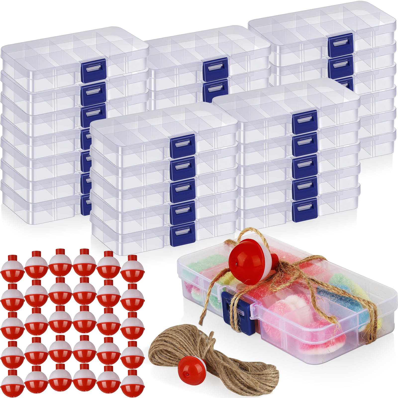 Close up of 20 piece fishing candy tackle boxes with bobber