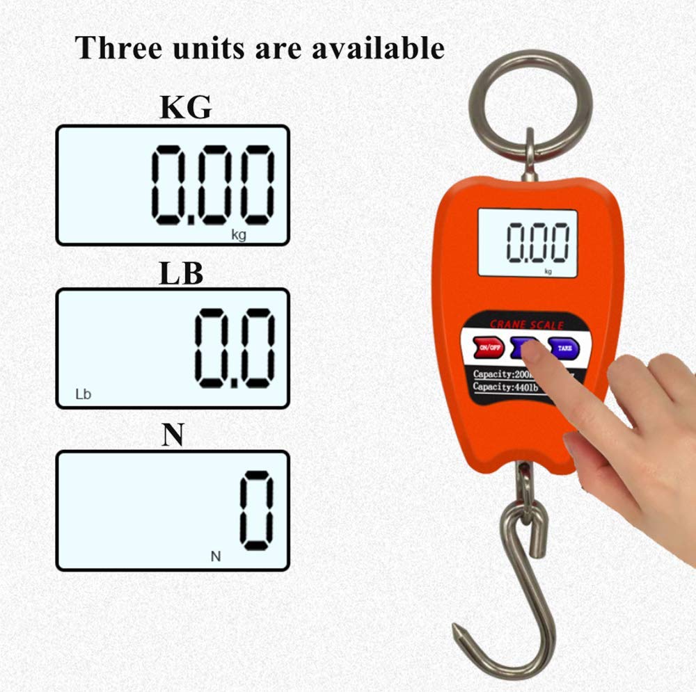 Side view of 200kg black and orange electronic crane scale