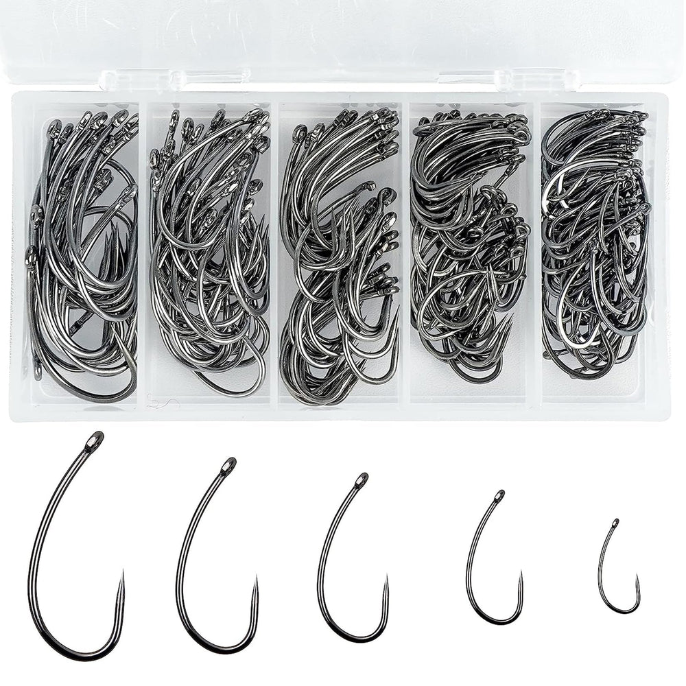 Box packaging of 200pcs barbless fishing hooks with five sizes