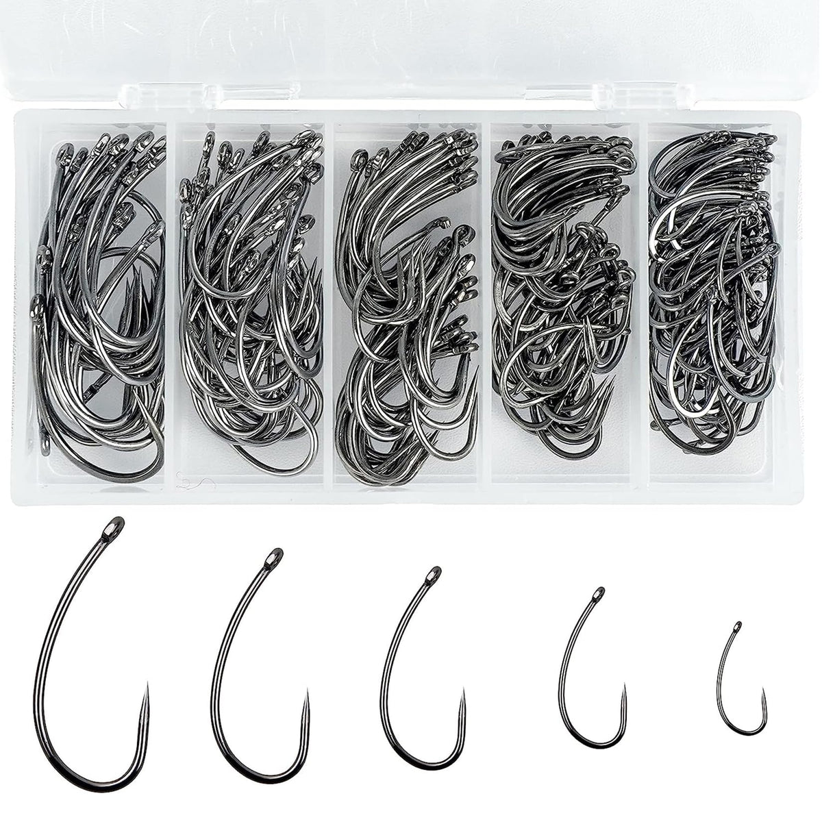 Box packaging of 200pcs barbless fishing hooks with five sizes