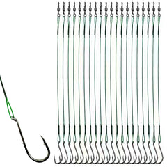 Close-up of 20pc bait holder octopus fishing hooks rigs with saltwater steel leader wire and 2 barb hooks, size 1/0, 10.9 inches