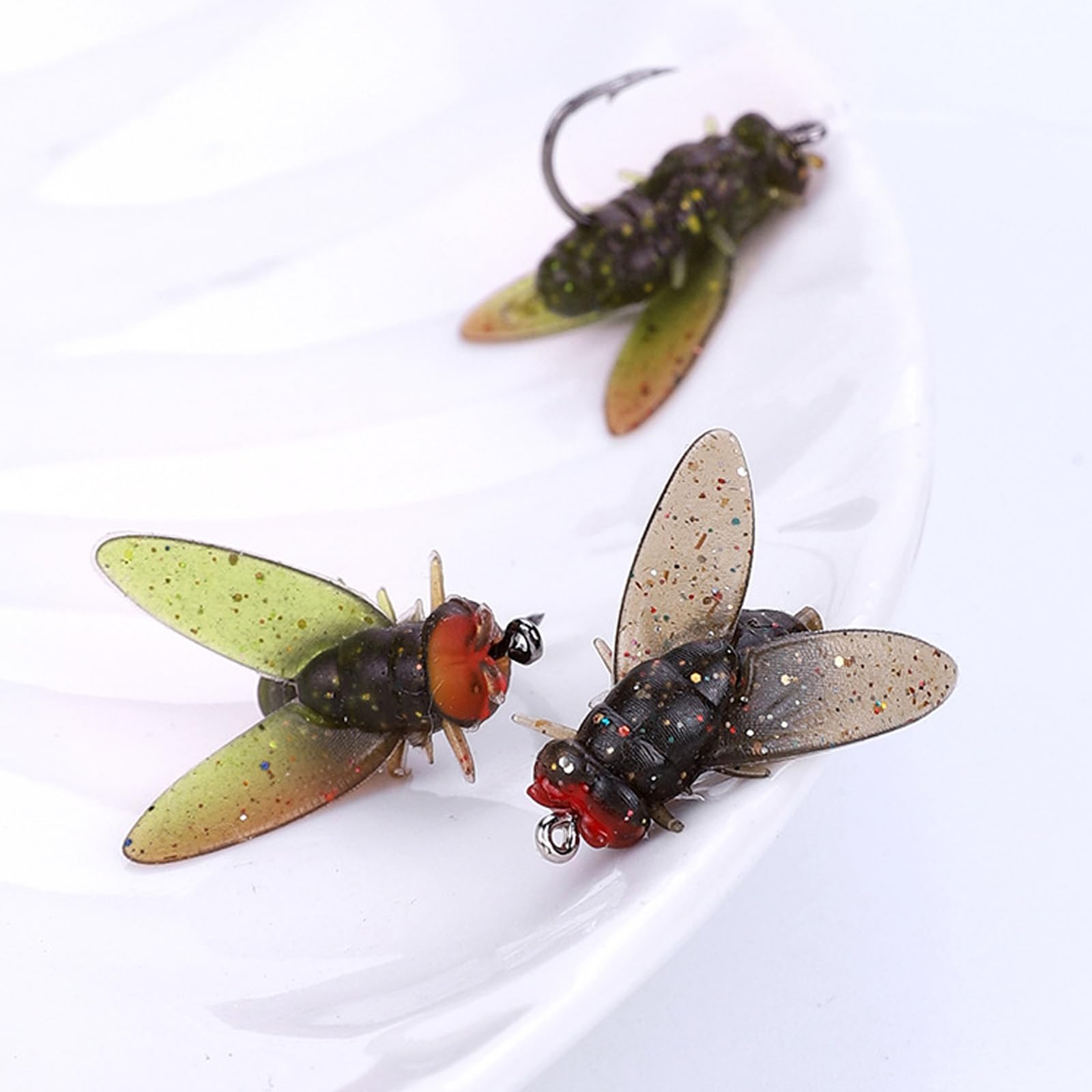 Close-up of realistic eyes and legs on fly fishing flies