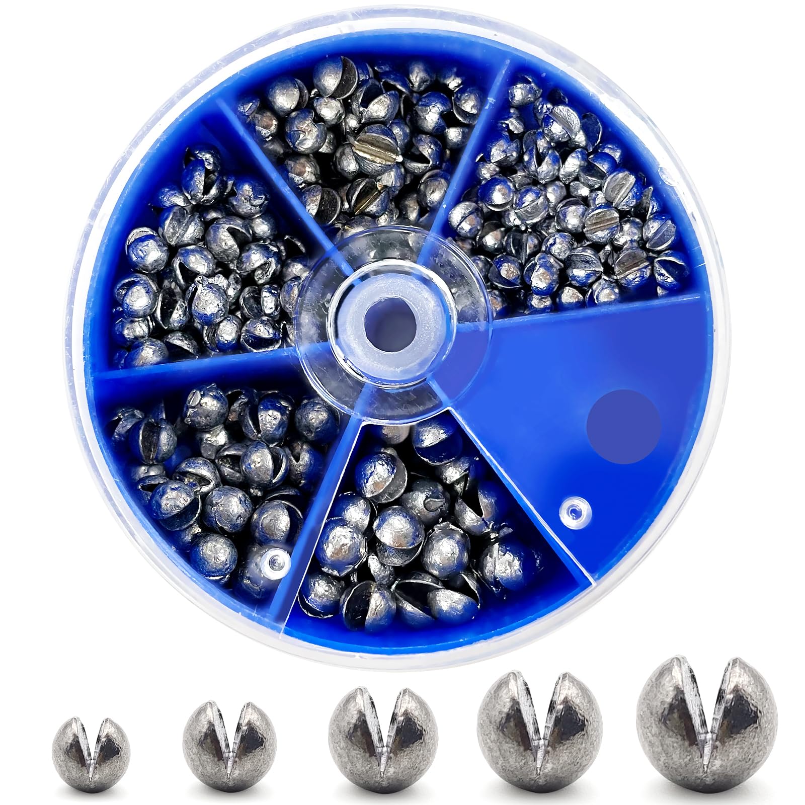 Blue round box containing 230 piece fishing weights sinkers set