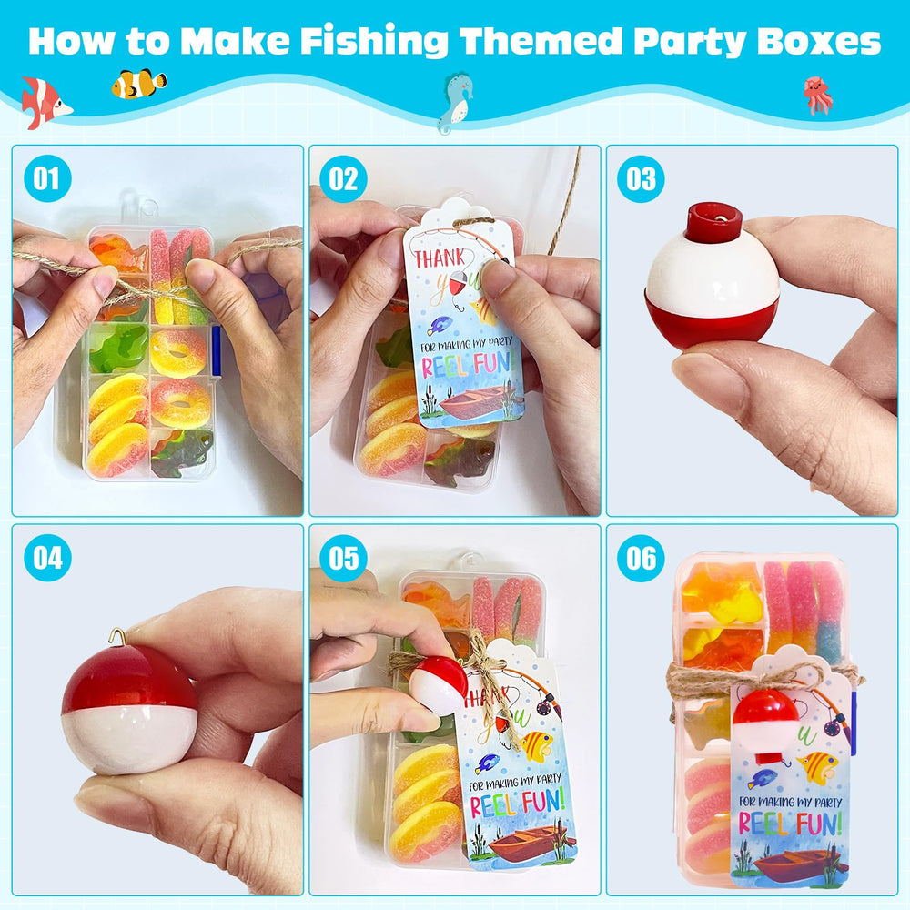 Miniature fishing tackle boxes filled with candies for party favors