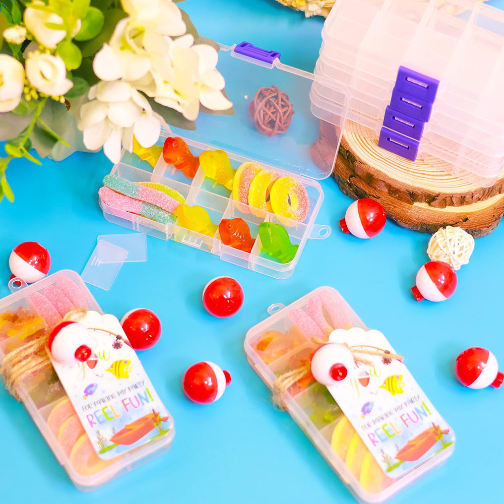 Party favors for a fishing birthday party featuring tackle boxes