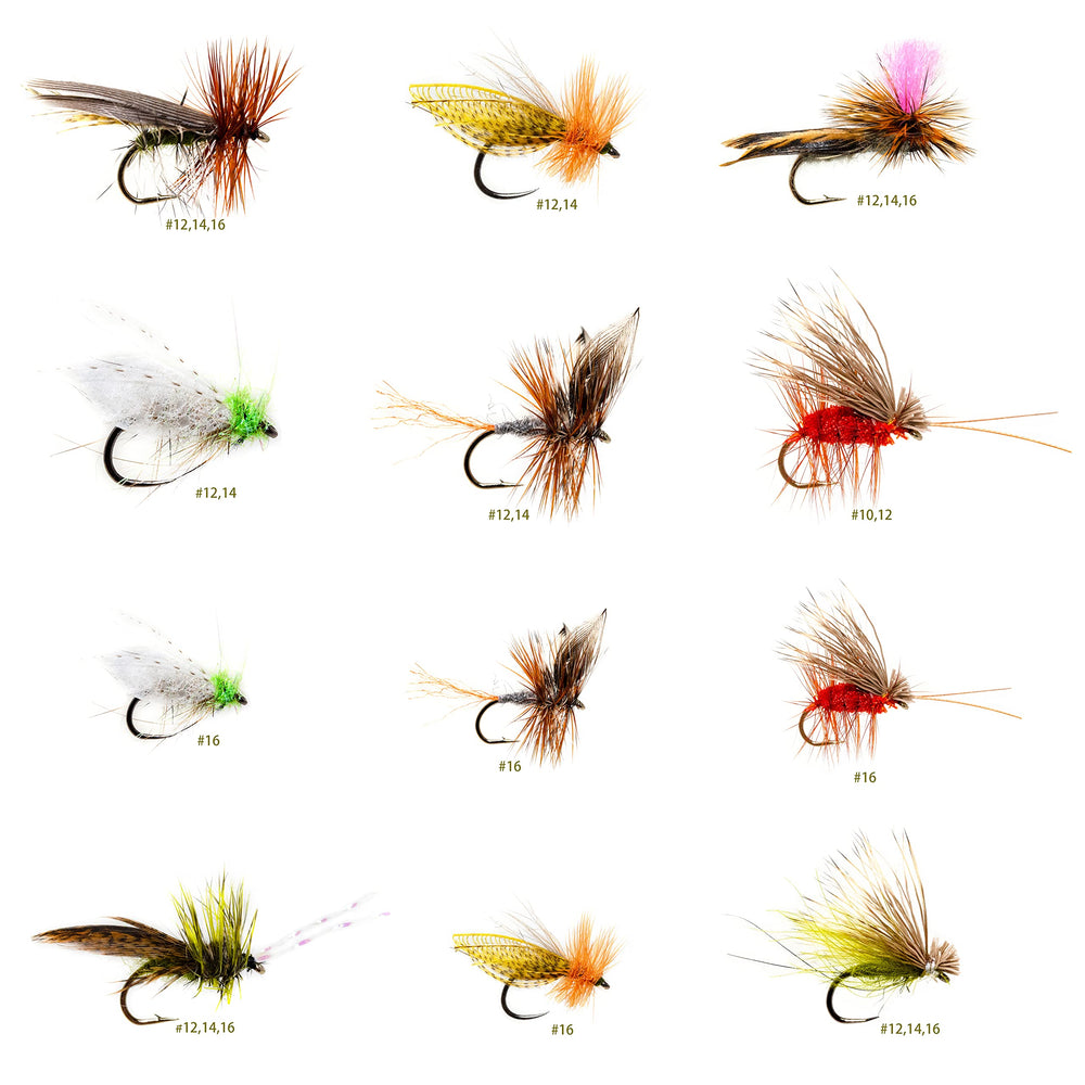Side view of caddis dry fly assortment