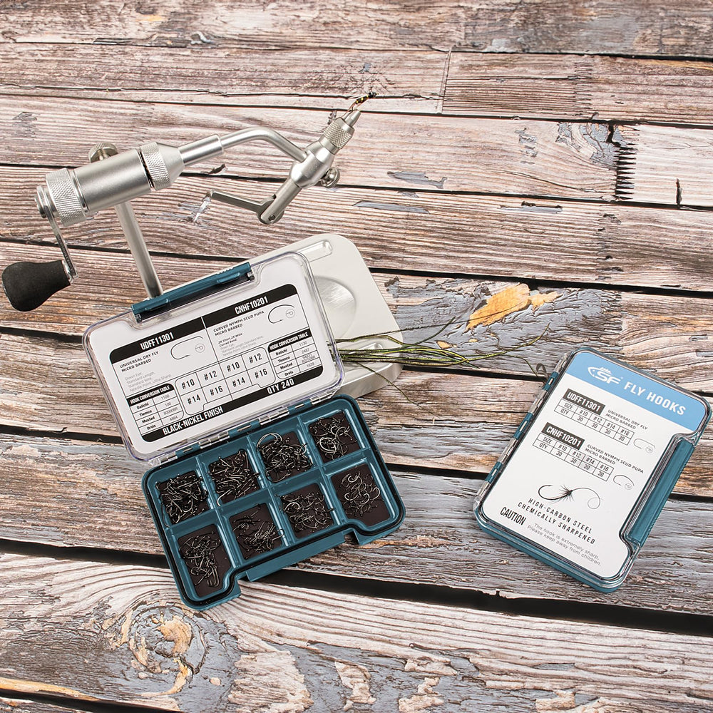 240-piece fly hooks set: 120 standard dry hooks and 120 curved nymph/scud/pupa hooks