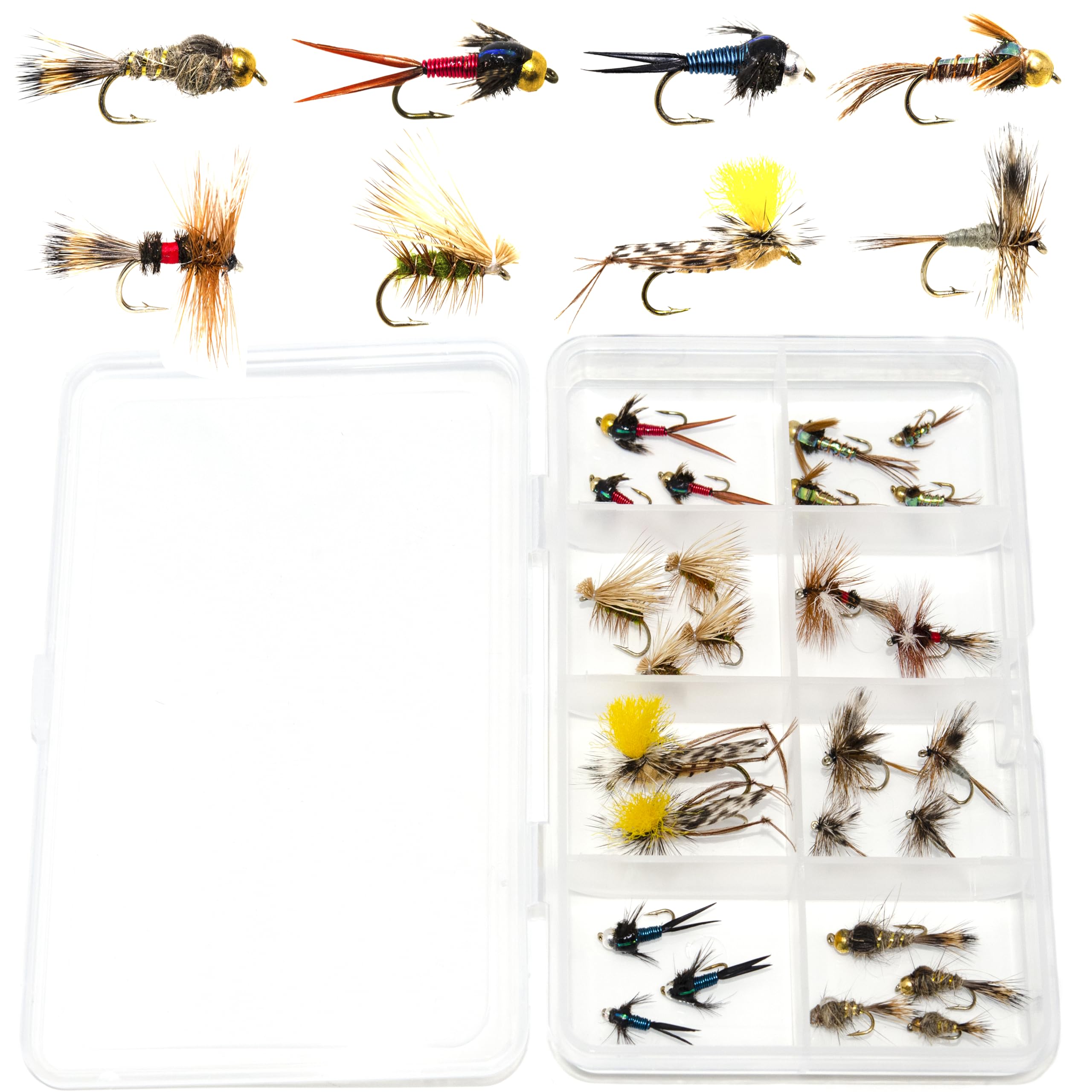 Open view of 26 fly assortment case showing variety of trout flies