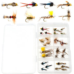 Open view of 26 fly assortment case showing variety of trout flies