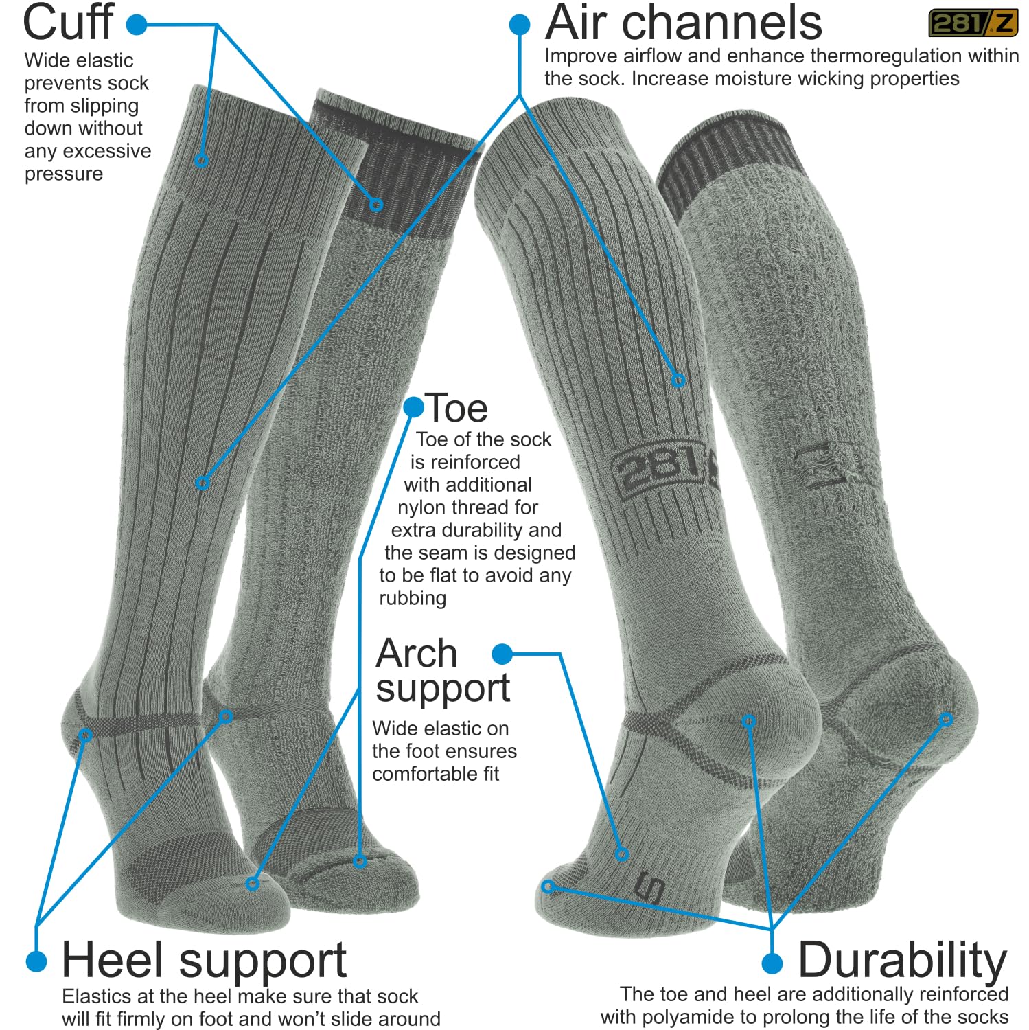 281Z Military Demi Season Knee High Socks - front view foliage green breathable comfort for trekking