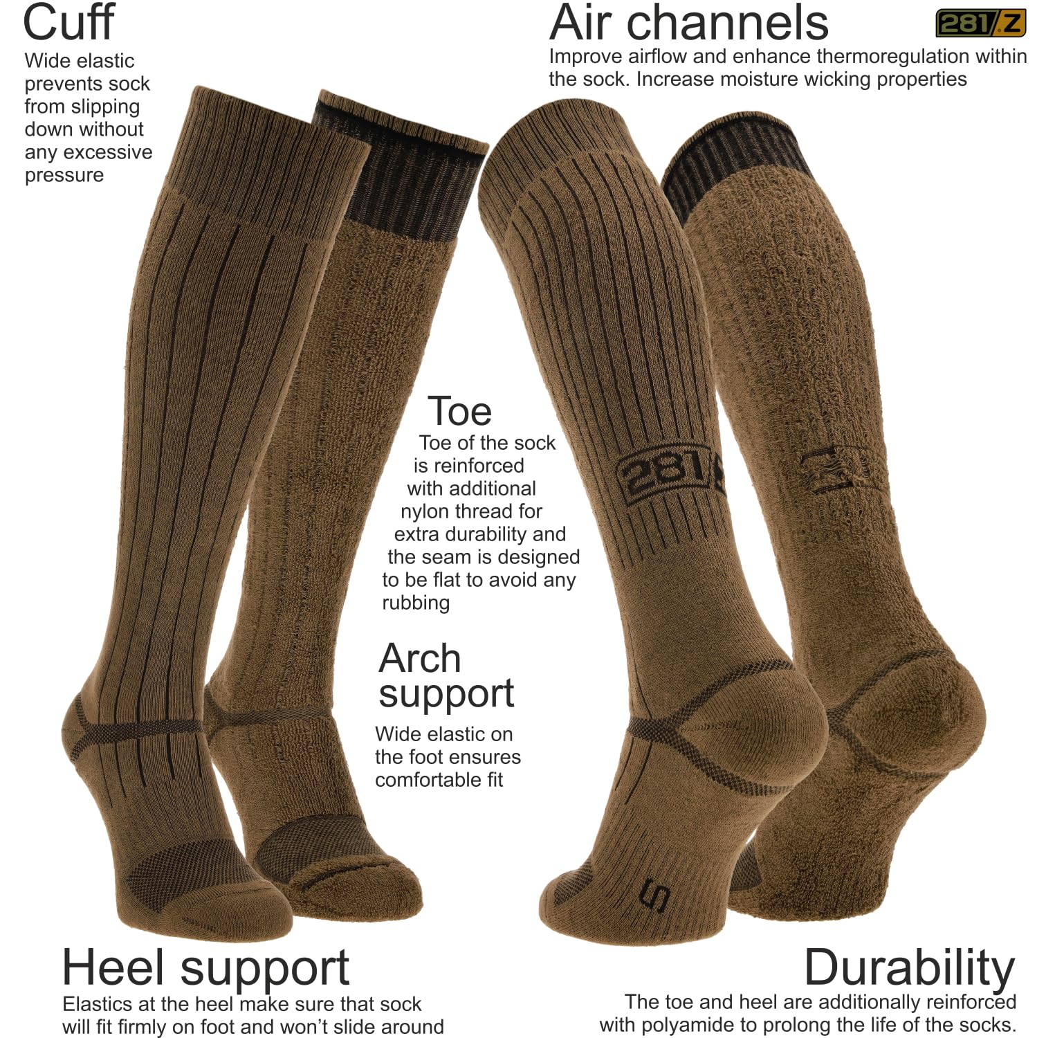 281Z cushioned knee-high sock close-up highlights sole padding for reduced foot fatigue