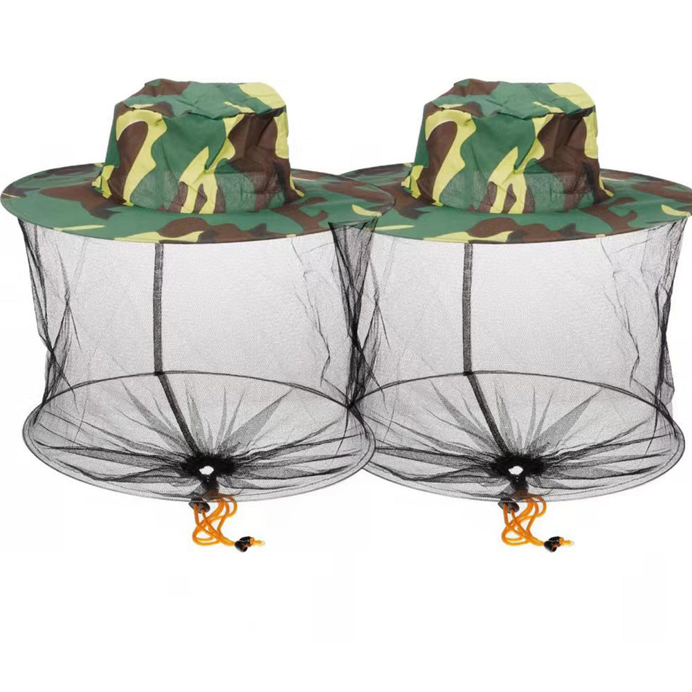 Two camouflage beekeeper veils with head nets folded for storage