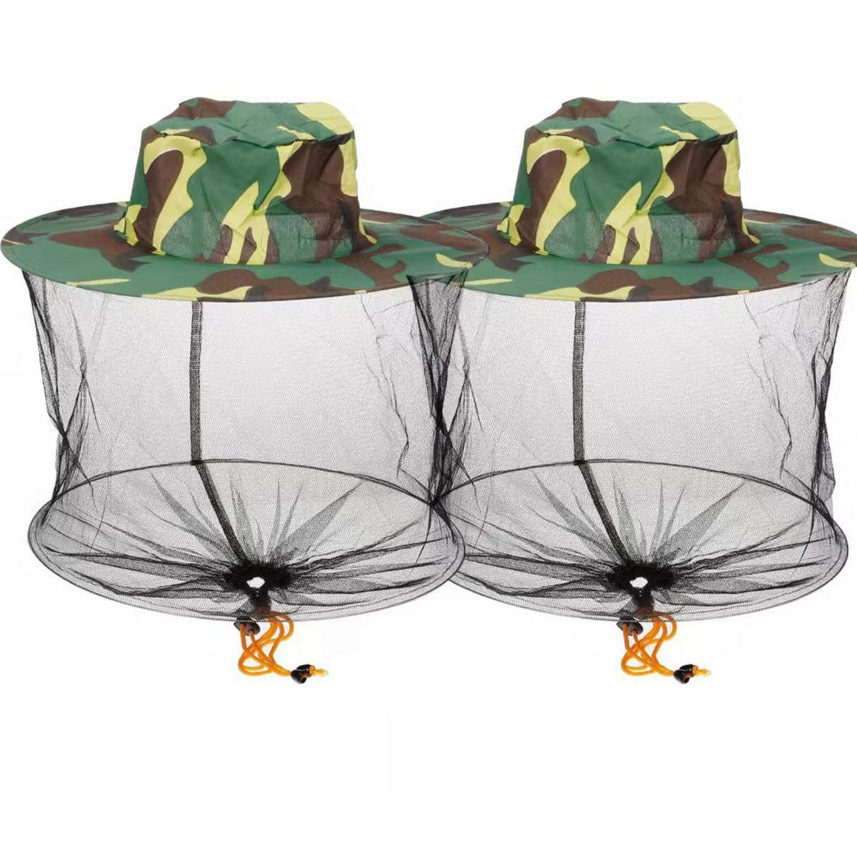 Two camouflage beekeeper veils with head nets folded for storage