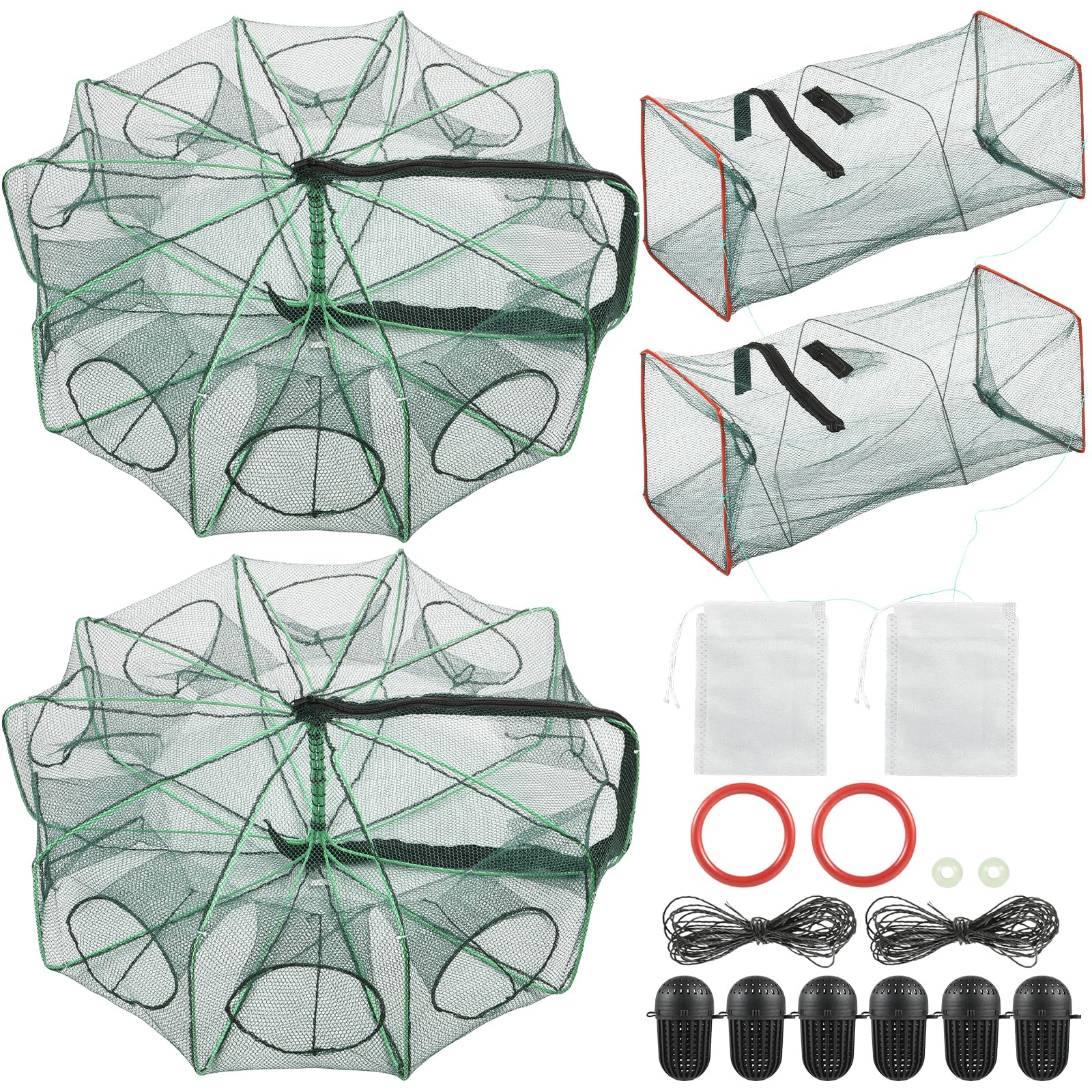 Two-piece fishing bait traps: round 10-hole trap and square trap with rope