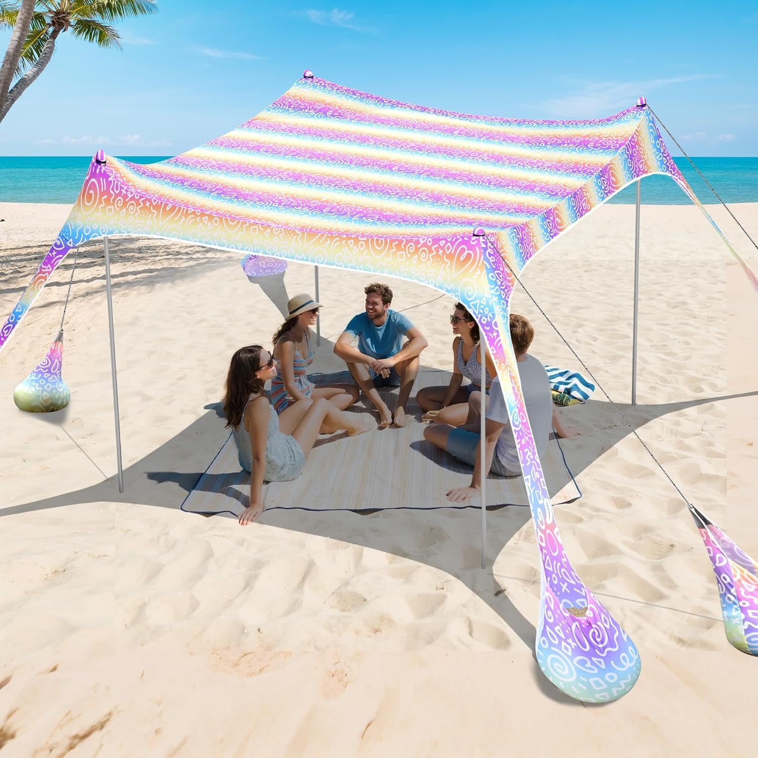 2PM SPORTS Beach Tent Rainbow 10x10 shade for UV protection and family outdoor picnics.
