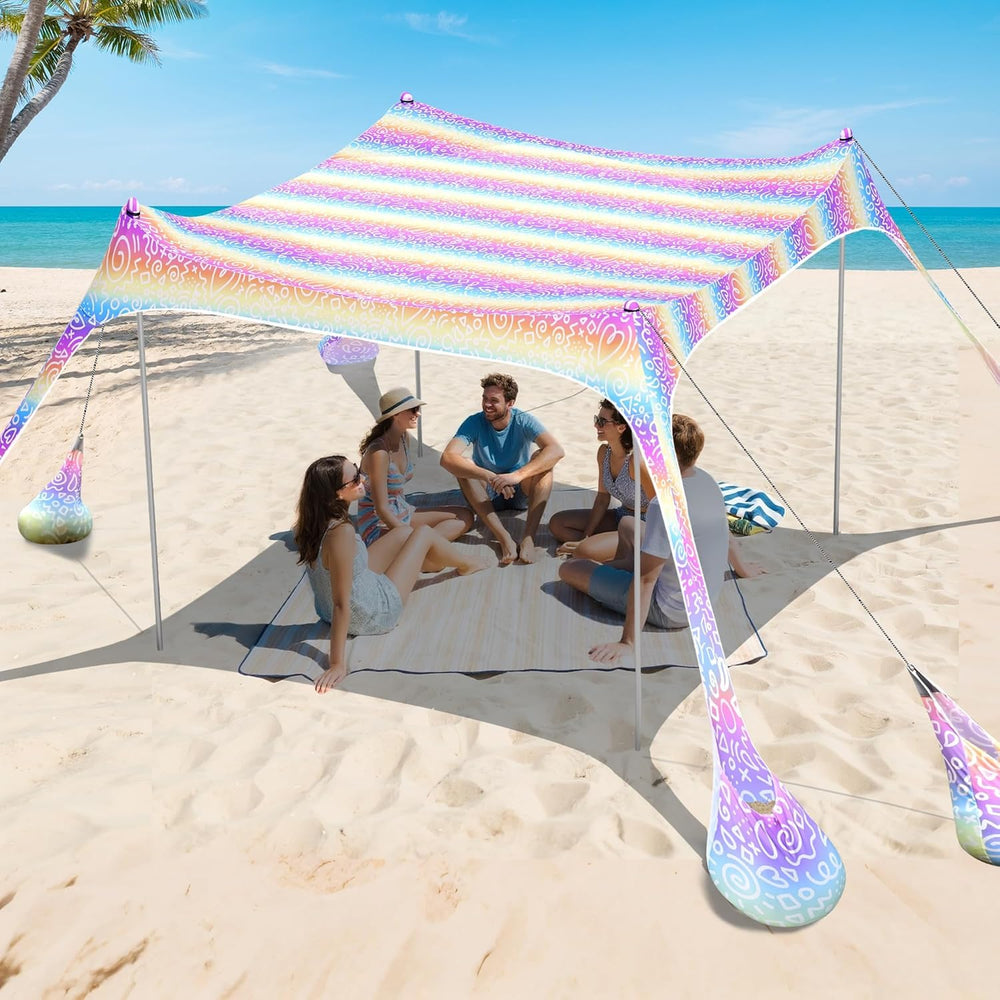 2PM SPORTS Beach Tent Rainbow 10x10 shade for UV protection and family outdoor picnics.