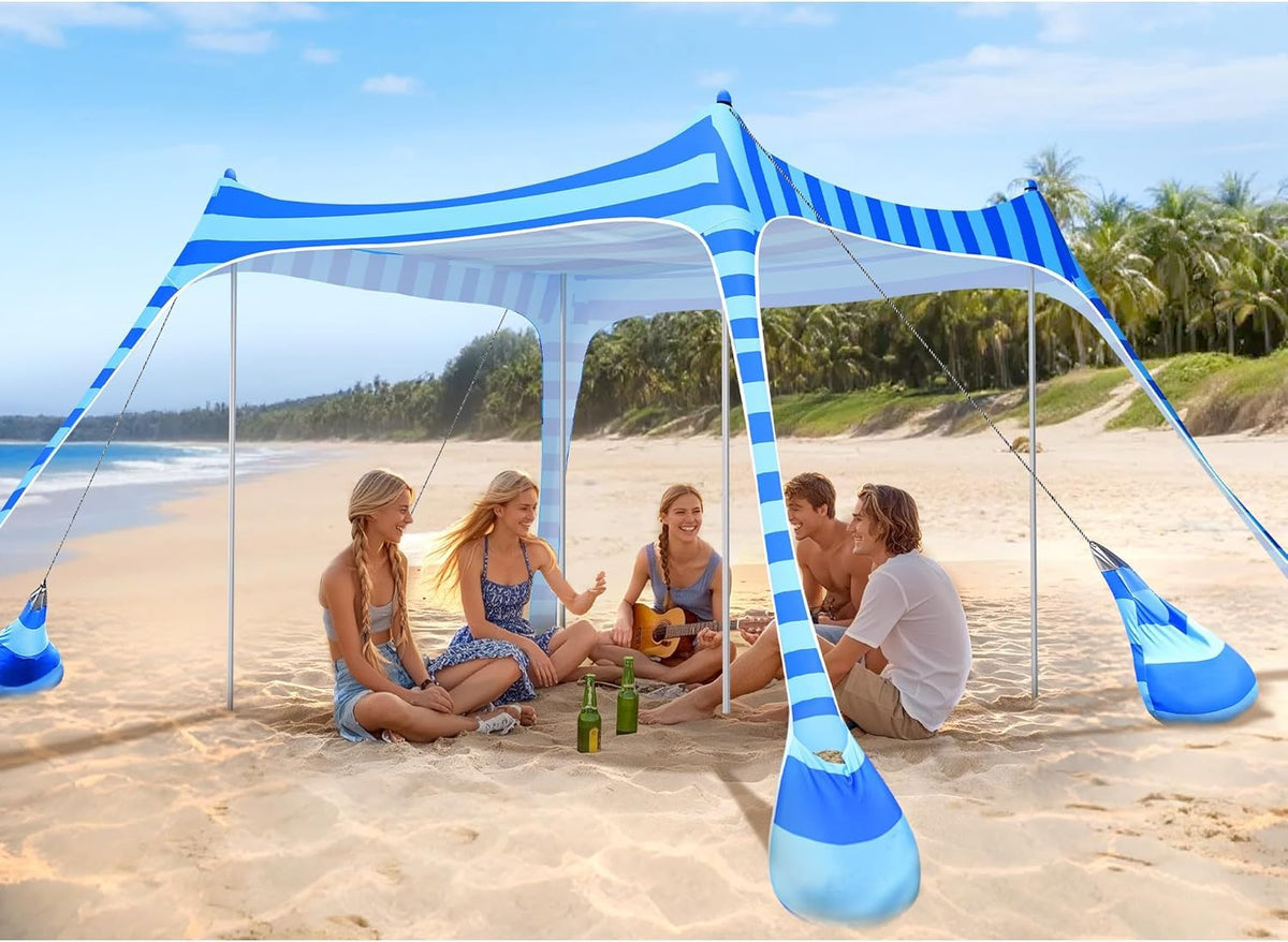 2PM SPORTS Beach Tent Canopy striped blue 10x10ft offering UV protection for family outings