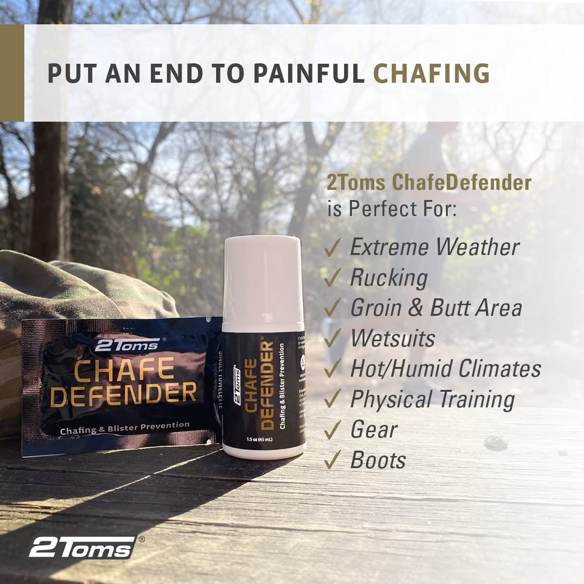 2Toms Chafe Defender close-up shows clear barrier on skin