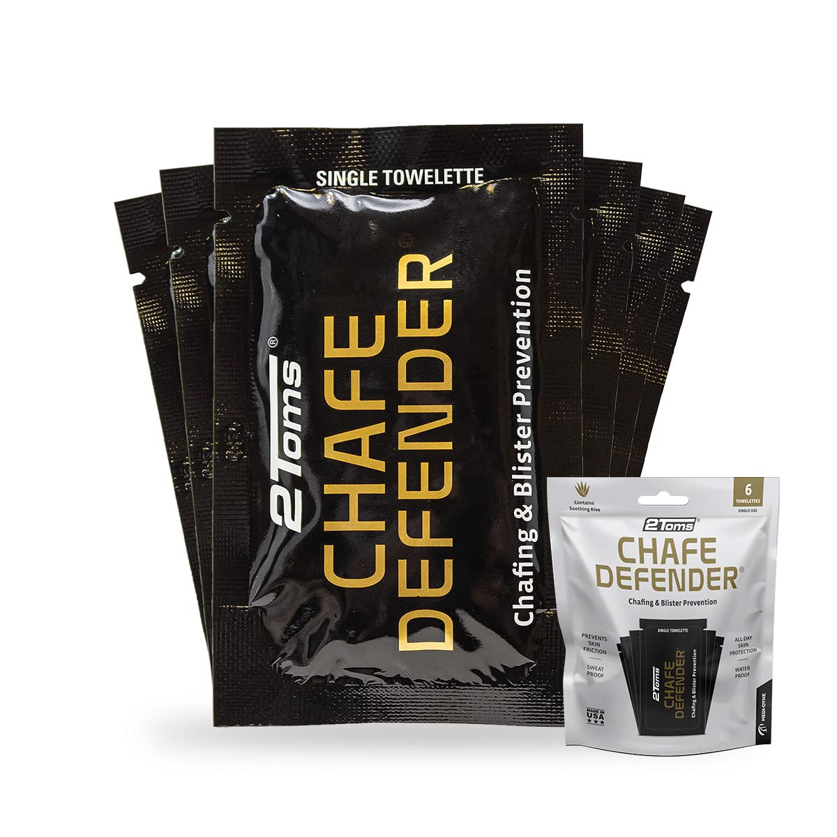 2Toms Chafe Defender wipes pack offers all-day protection against rubbing.