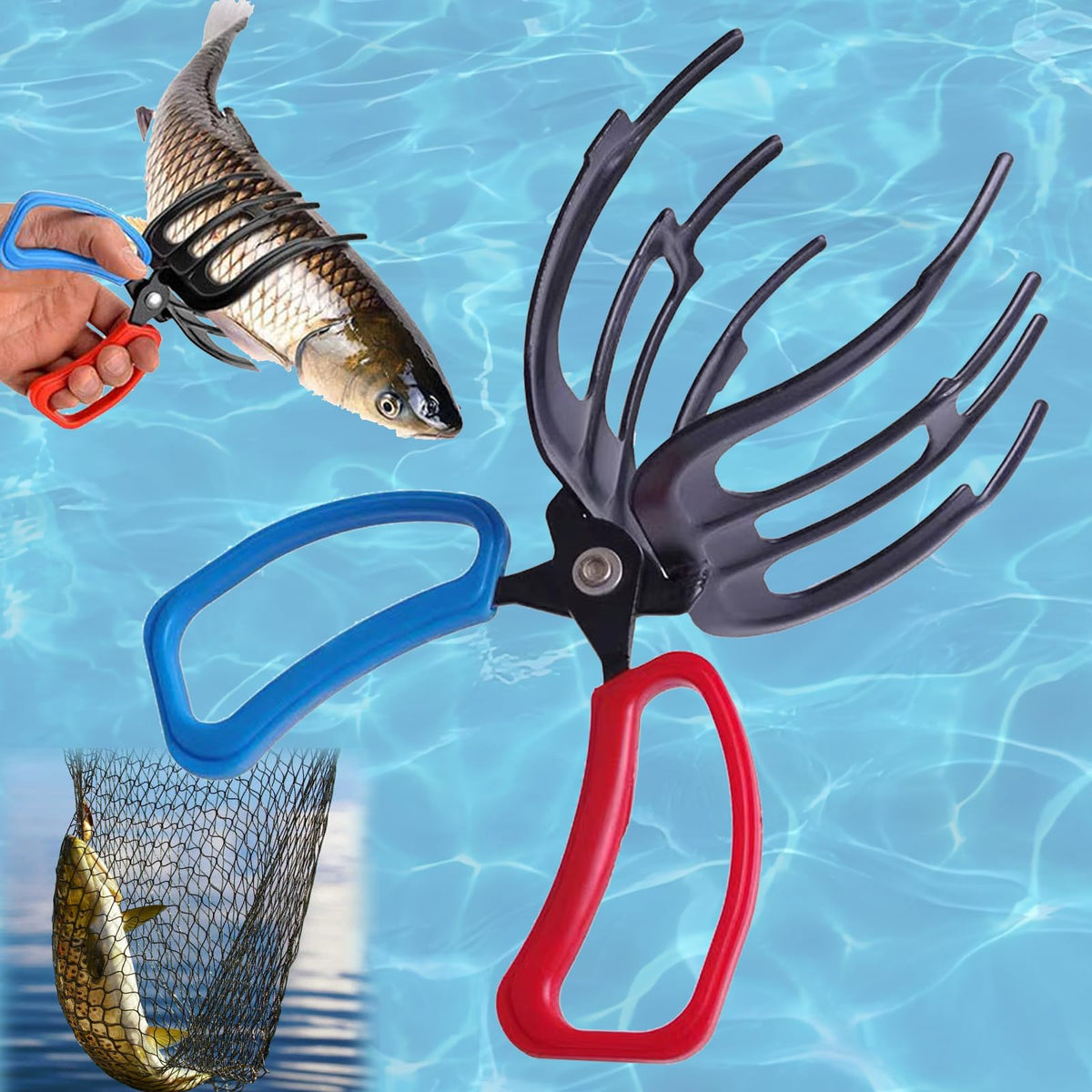 3-Claw Fish Gripper with black body and blue-red ergonomic handle