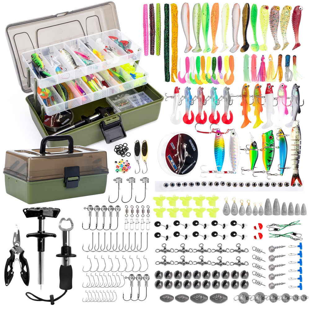 Open view of 3-layer fishing tackle box kit showing exterior