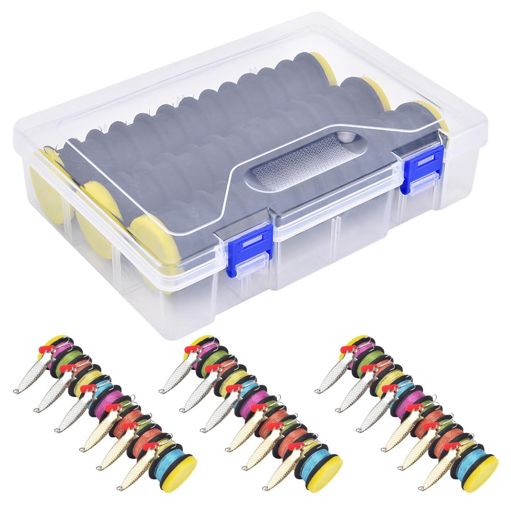 Three-pack fishing line storage organizer set displayed together
