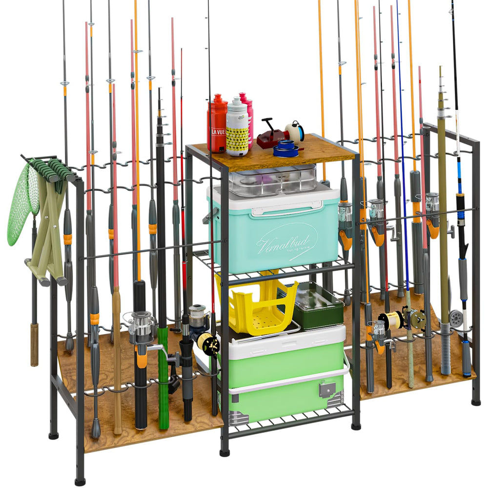 Three-sided freestanding fishing rod rack holding up to 24 rods, front view