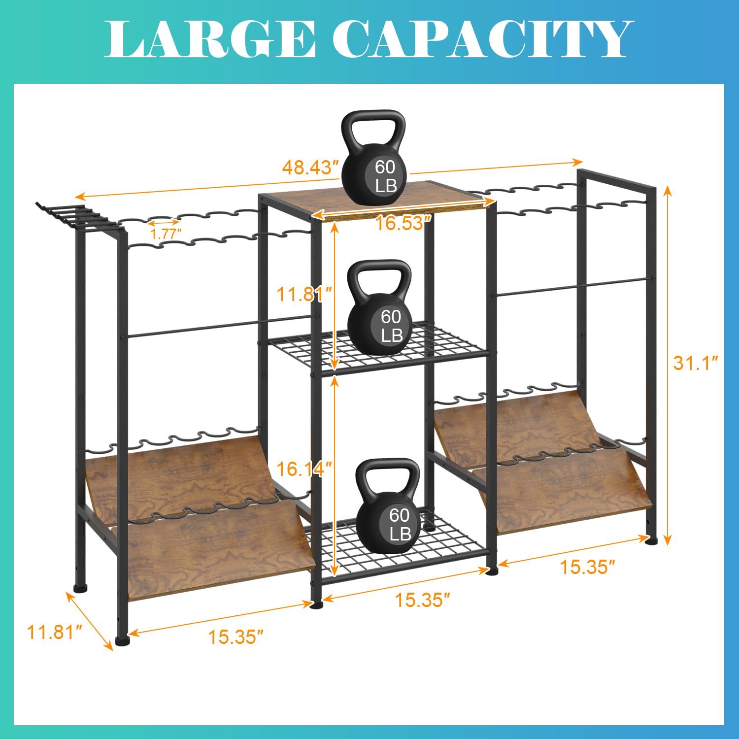Center section with two metal mesh shelves and wood top shelf