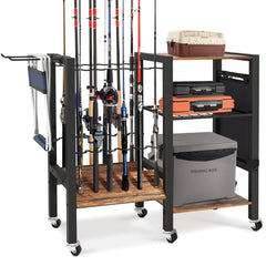 Three-tier fishing rod holder with 12-rod capacity in black stainless steel