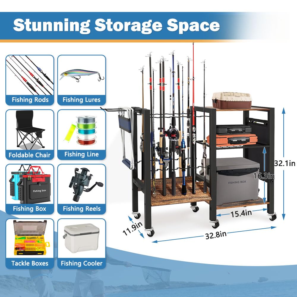 Side view of the 3-tier rod rack in a garage with rods stored