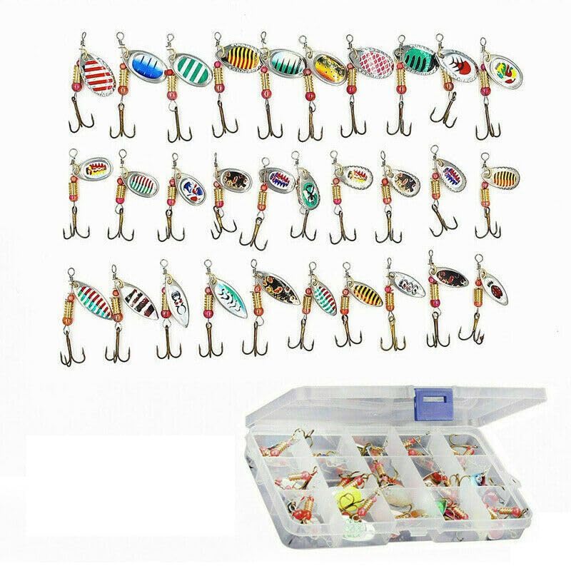 30-piece fishing lure spinnerbait kit with metal spoons and tackle boxes