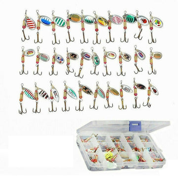 30-piece fishing lure spinnerbait kit with metal spoons and tackle boxes