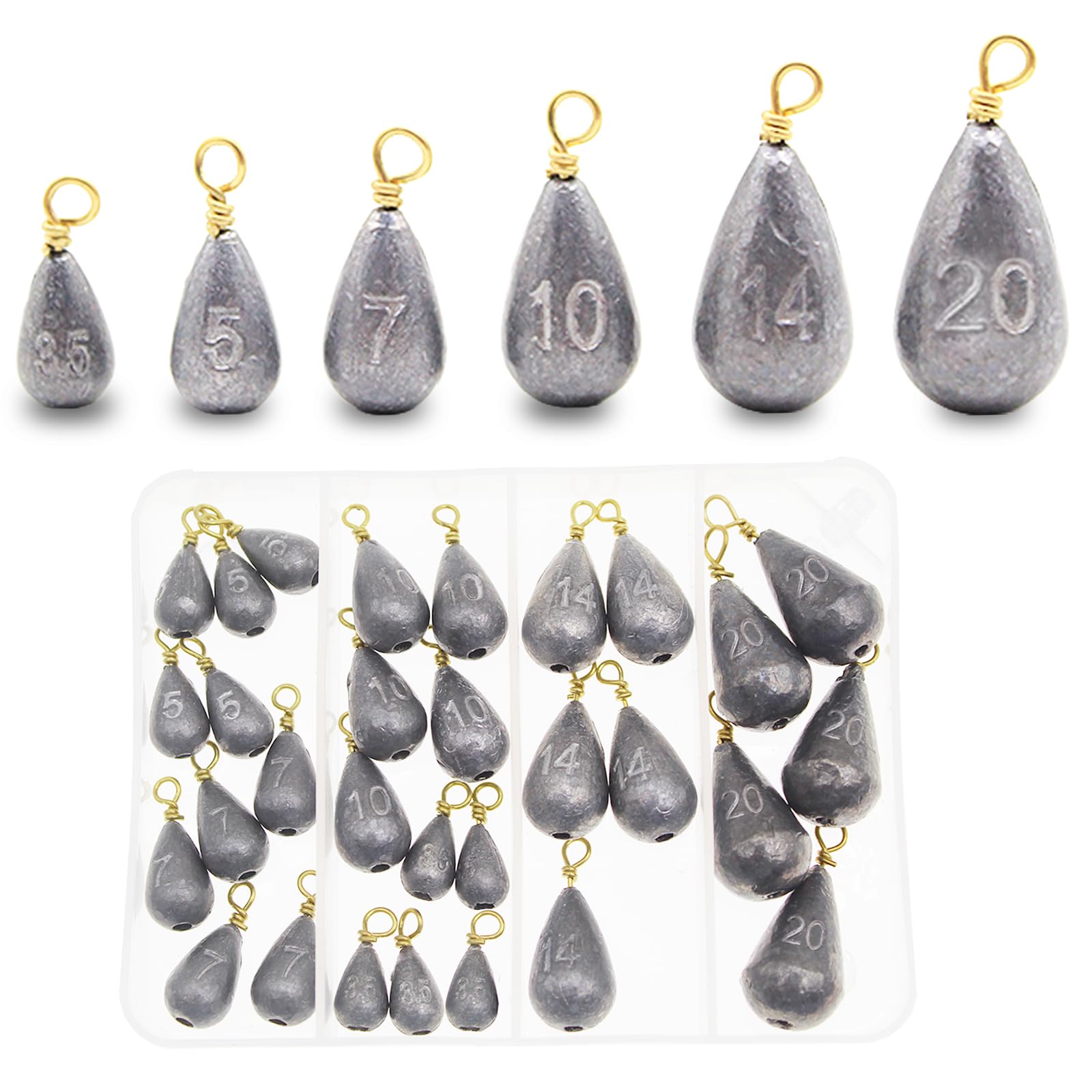 Transparent storage case containing the 30-piece fishing sinker kit