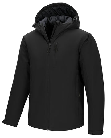 33000ft men's warm winter jacket hooded close-up shows water-resistant fabric for wet weather.