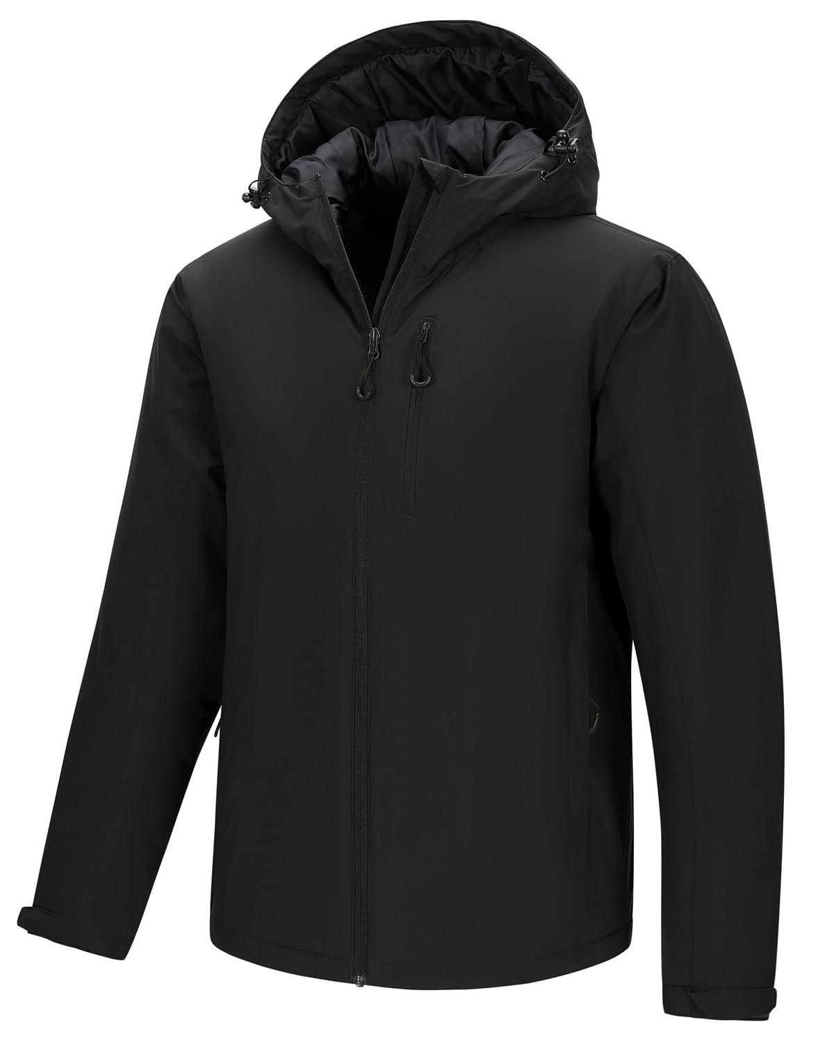 33000ft men's warm winter jacket hooded close-up shows water-resistant fabric for wet weather.